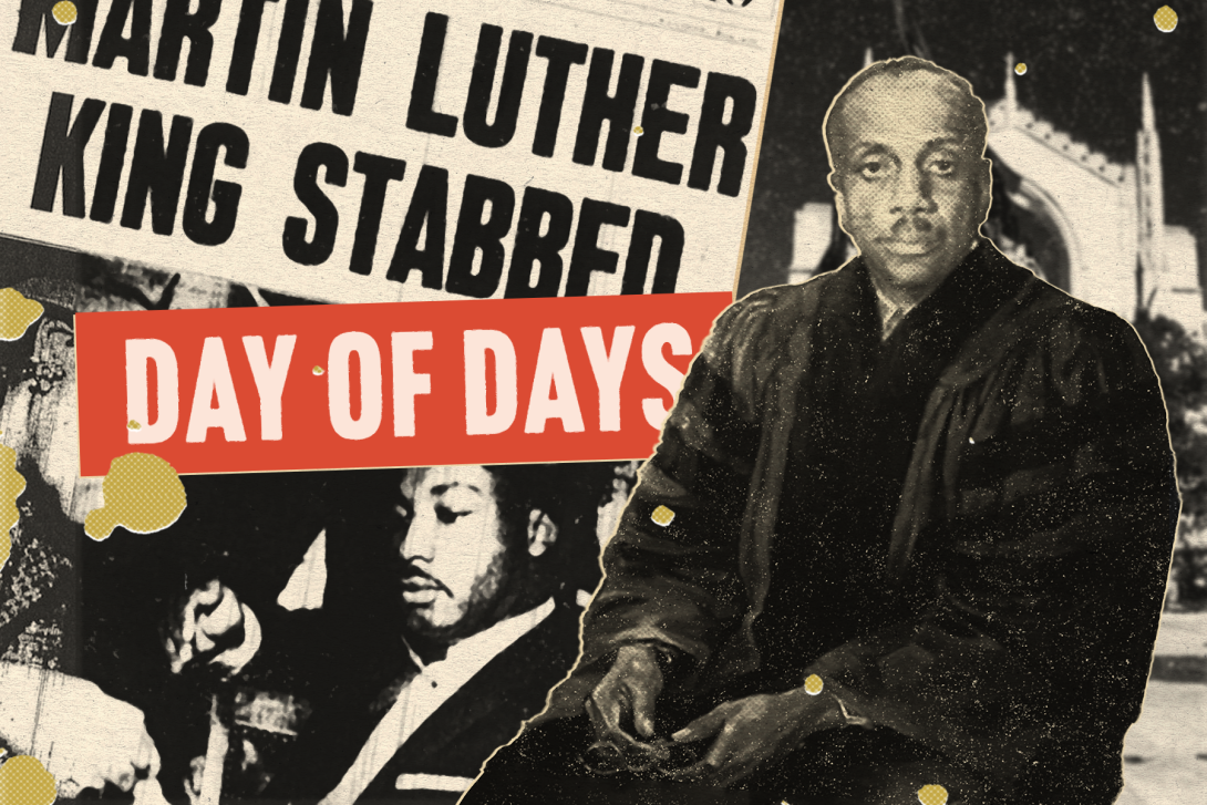 Day of Days Podcast collage of Howard Thurman over a newpaper article of MLK's stabbing